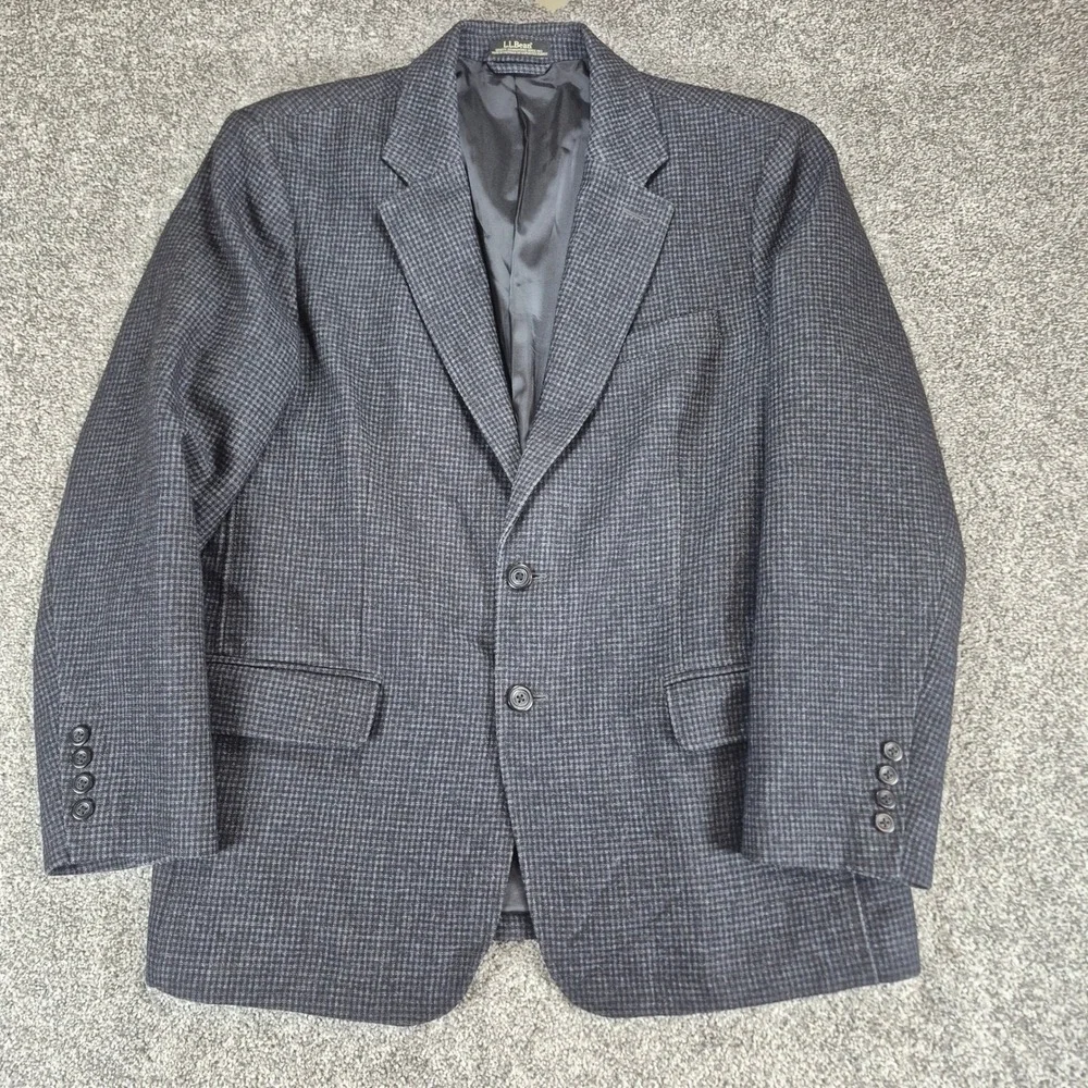 LL‎ Bean Blazer Mens 46 Regular Gray Wool Blend Micro Check Sport Coat